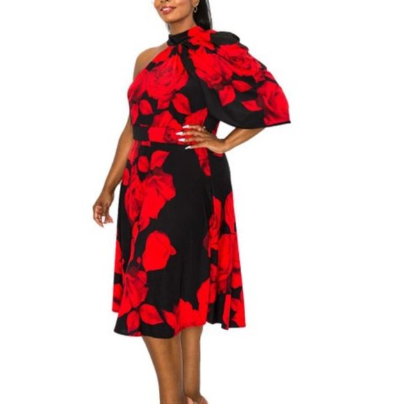 Black & Red Floral Asymmetric A-Line Dress - Picture 3 of 4